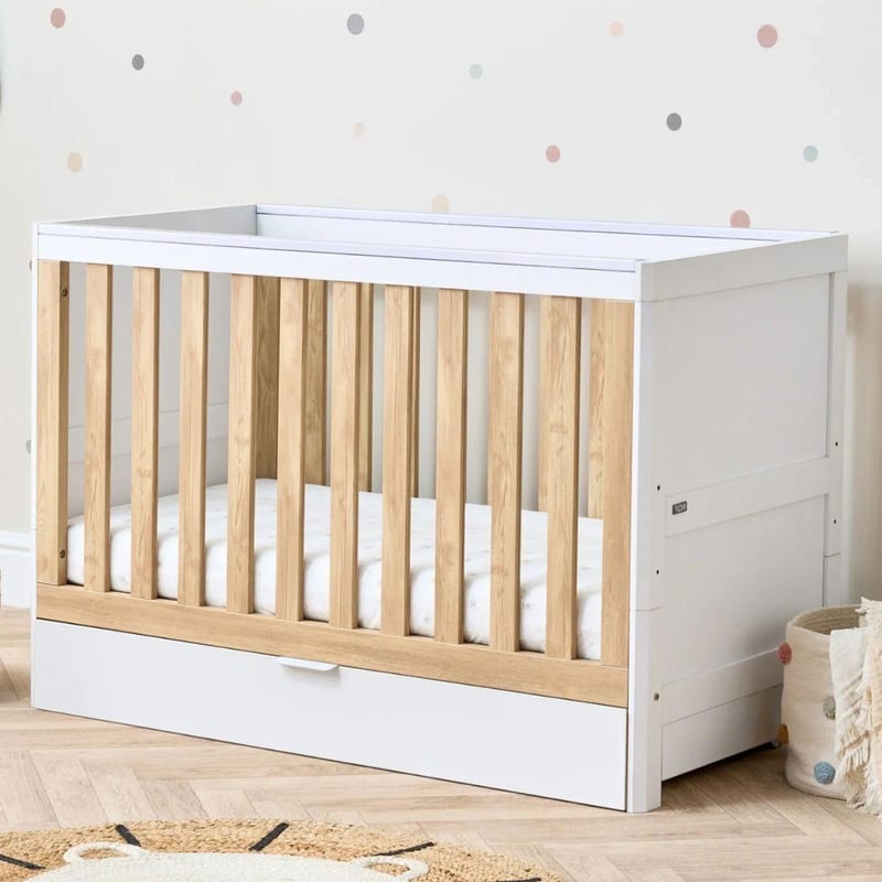 Tutti Bambini Riley Mini Cot Bed with Drawer With Mothercare Essential Foam Mattress - Maple Oak-White