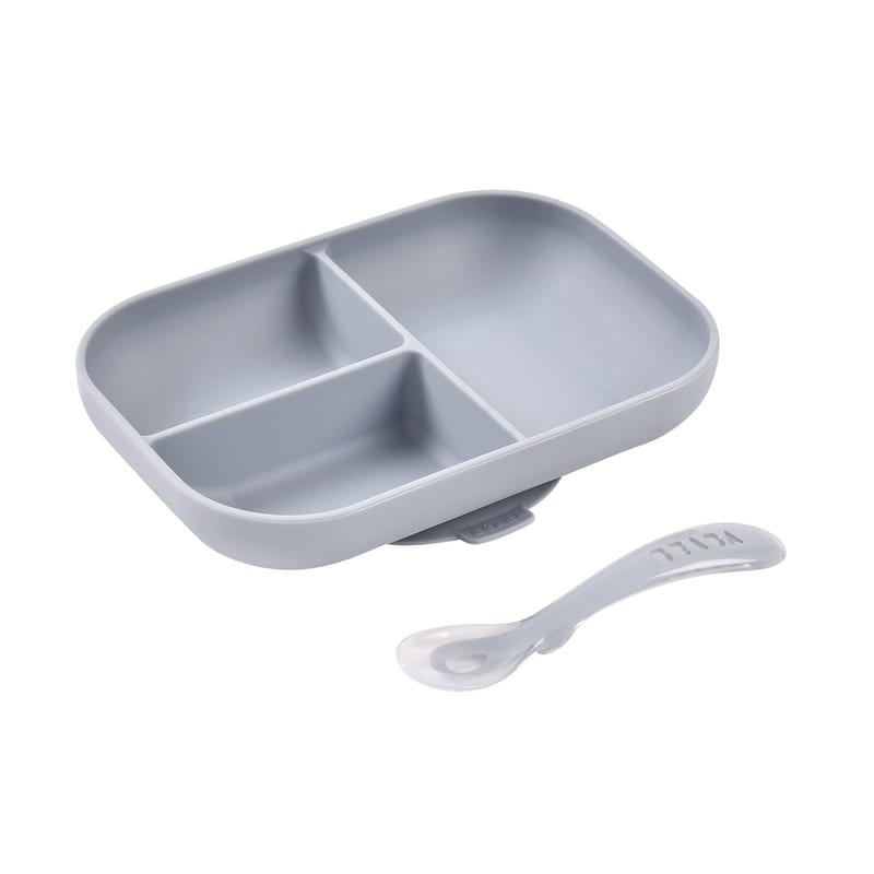 Beaba Silicone Suction Divided Plate & Spoon - Pebble
