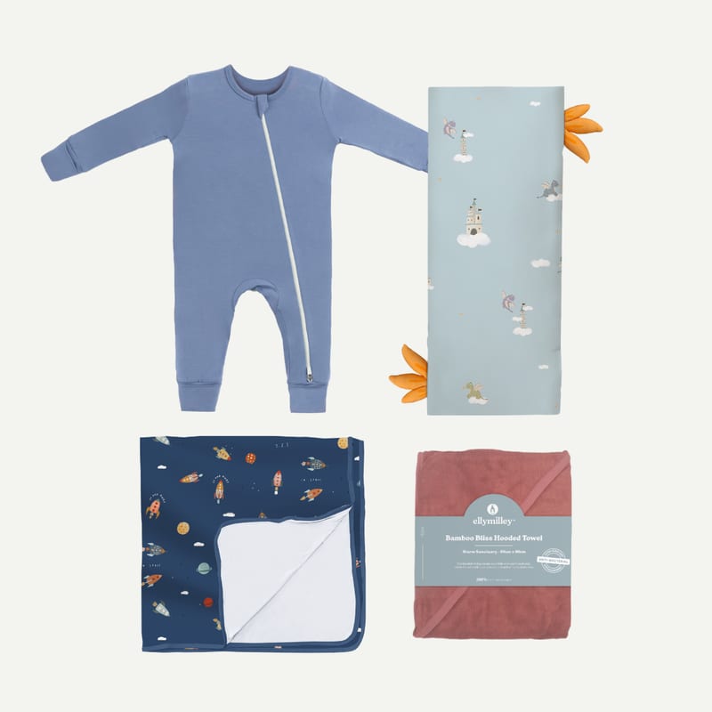 Elly Milley BUNDLE Signature Air Bamboo™ Baby Sleep Suit, Pillow Medium, Blanket, Hooded Towel / Toddler Set