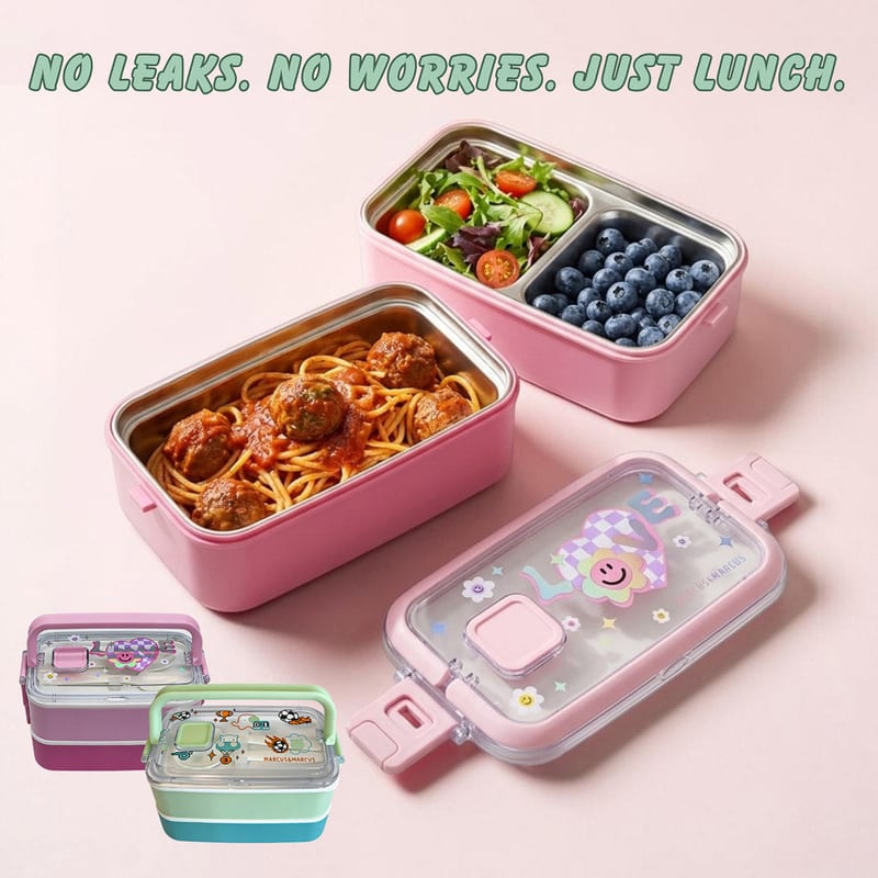 Marcus & Marcus Duodeck Stainless Steel Lunch Box Set – 2 Tier Leakproof Bento Box for Kids
