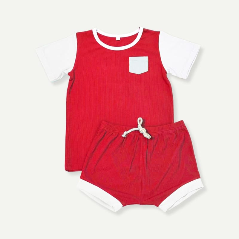 Signature Air Bamboo™ ActiveKidz Brise / Colour Block / 2 Piece Shirt & Shorts Set - Majulah Red