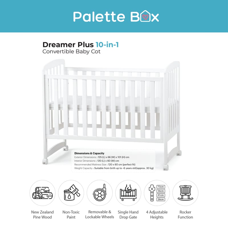 Palette Box Dreamer Plus 10-in-1 Convertible Baby Cot (with Rocking Function)