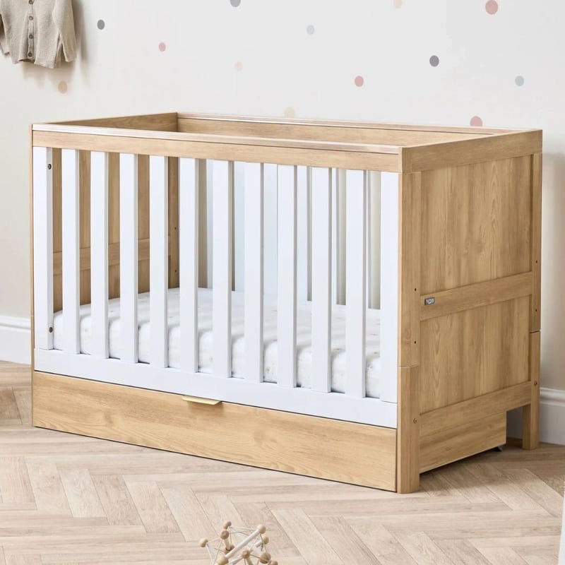 Tutti Bambini Riley Mini Cot Bed with Drawer - Maple Oak/White