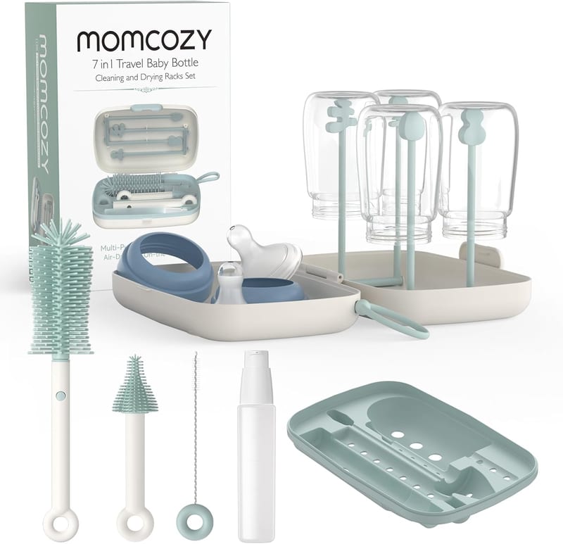 MOMCOZY 7-in-1 Travel Baby Bottle Cleaning+Drying Rack Set