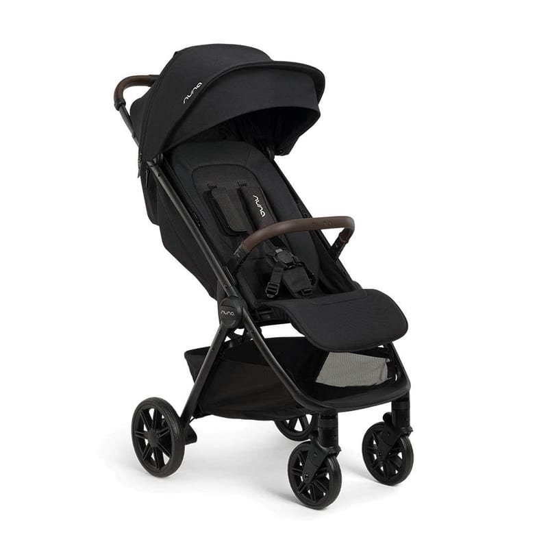 Nuna TRVL Urbn compact stroller in Caviar, angled view