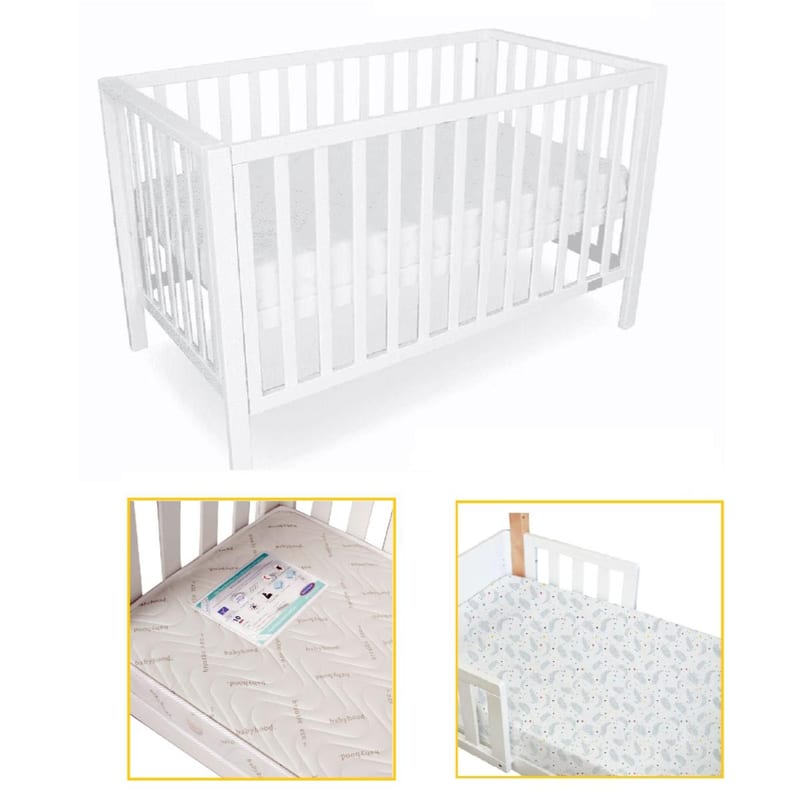 Babyhood Lulu Cot White with Innerspring Mattress Free Wheels and Sheets