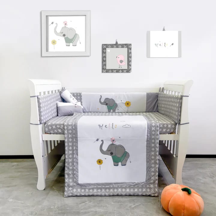 Palette Box 8pcs 100% Cotton Baby Bedding Set, Hello Elephant