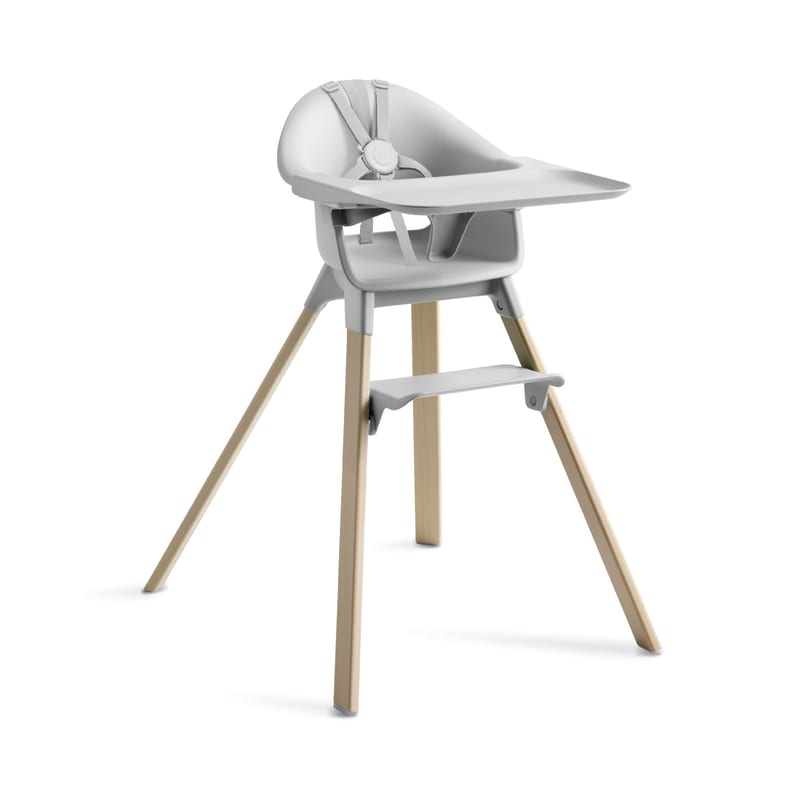 Stokke Clikk High Chair in Cloud Grey with bamboo legs, tray and harness, front view