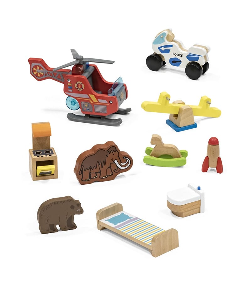 Stokke MuTable Toys V2 set of ten wooden play pieces including a helicopter, animals and furniture