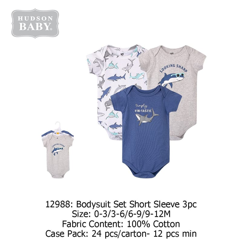Hudson Baby Bodysuit with Short Sleeve 3pc-SHARK