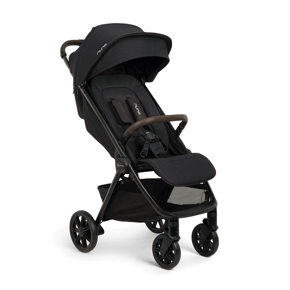 Nuna Trvl Urbn compact stroller in Caviar black, studio angle view