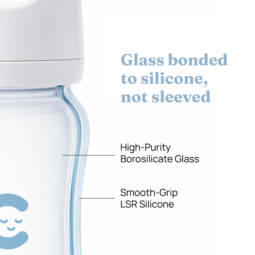Cutaway of a Chuubub bottle showing high-purity borosilicate glass bonded to a smooth-grip LSR silicone layer