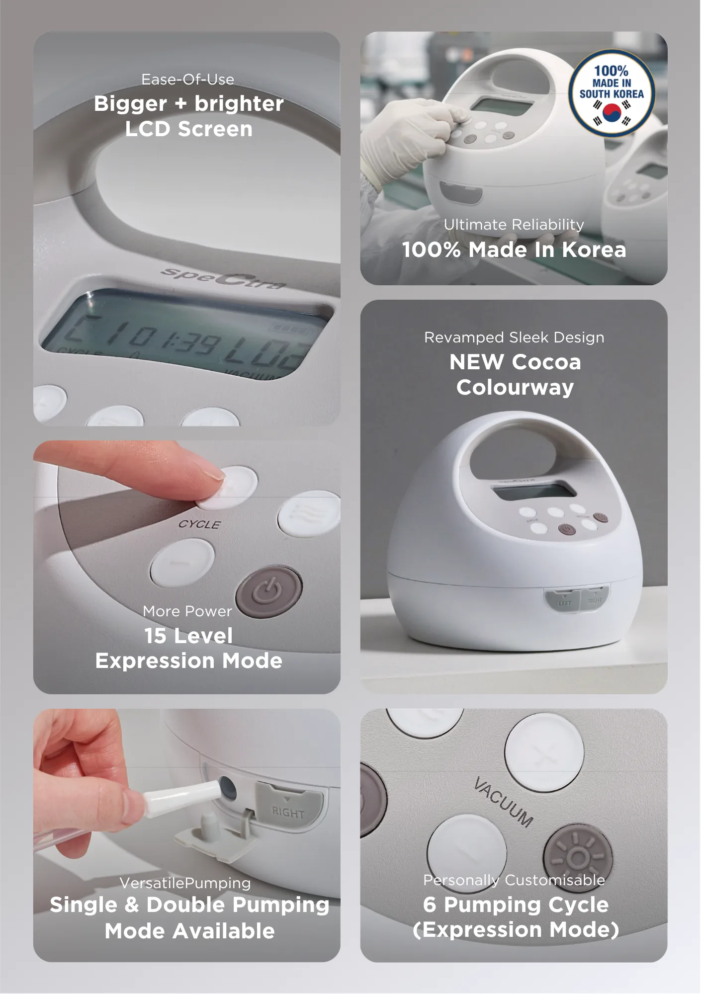 Spectra S1 Pro new features — bigger brighter LCD screen, 100% made in Korea, 15-level expression mode, new Cocoa colourway, single and double pumping, 6 customisable pumping cycles