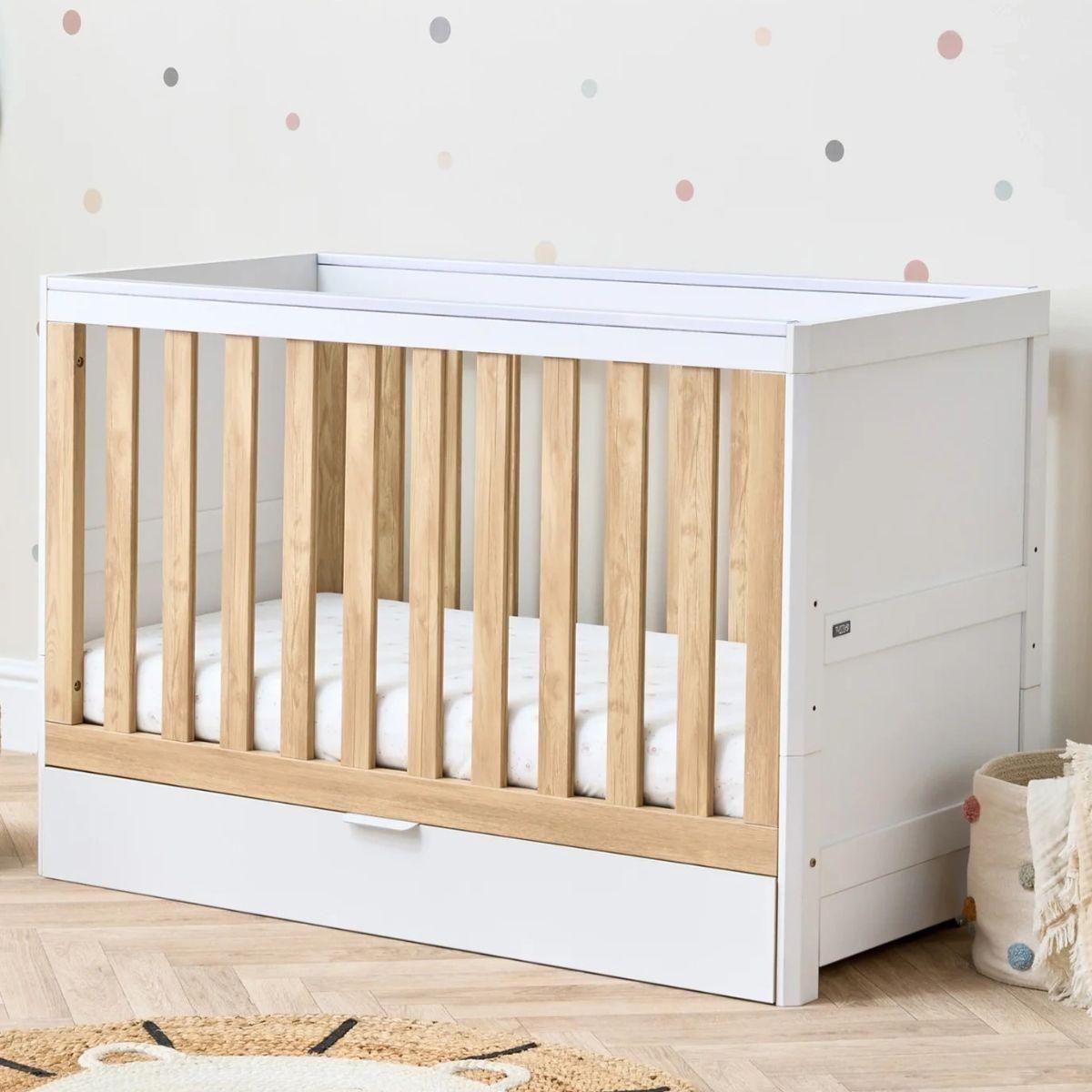 Tutti Bambini Riley Mini Cot Bed with Drawer With Mothercare Essential Foam Mattress - Maple Oak-White