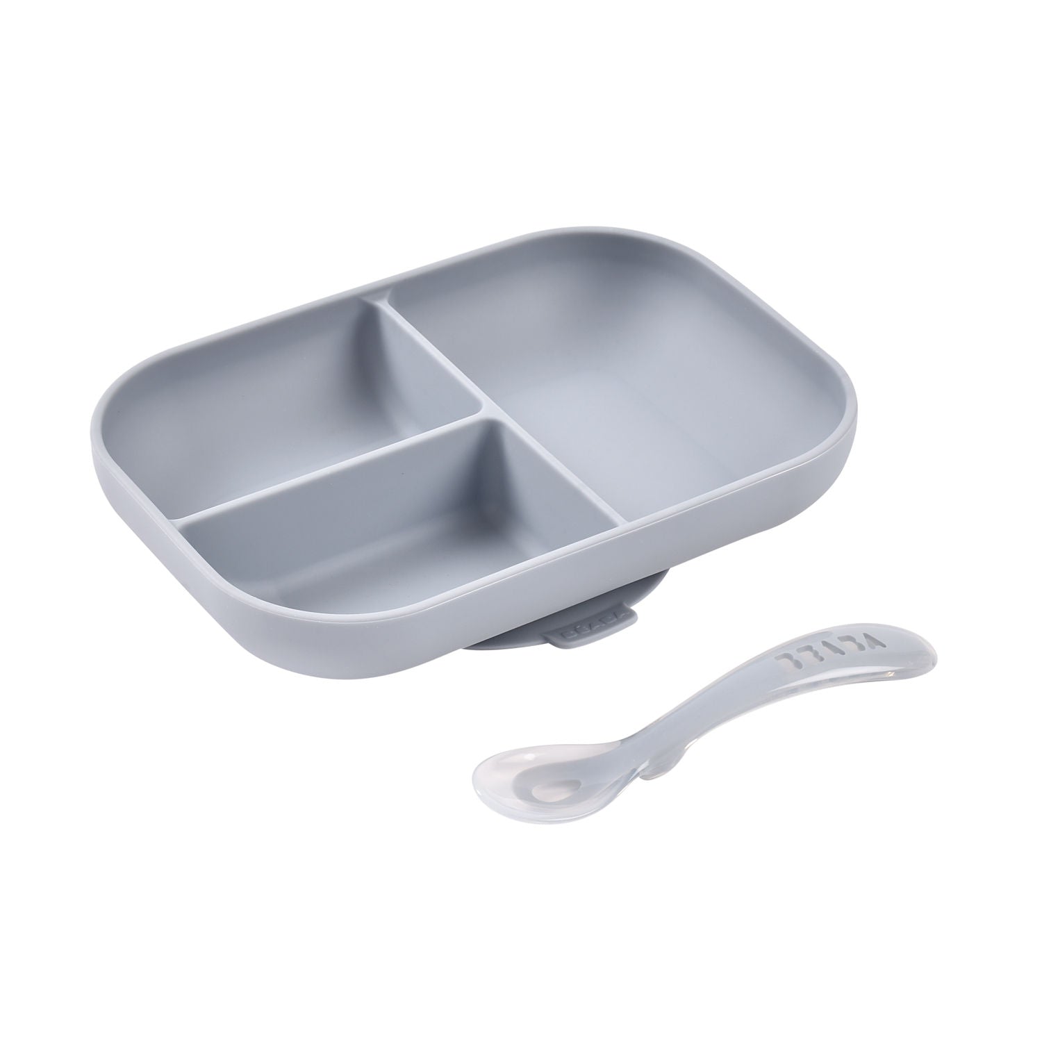 Beaba Silicone Suction Divided Plate & Spoon - Pebble