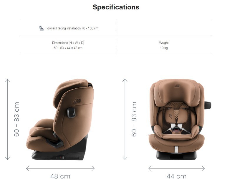 Britax Advansafix Pro specifications — forward-facing 76–150 cm, 60–83 × 44 × 48 cm, ~10 kg