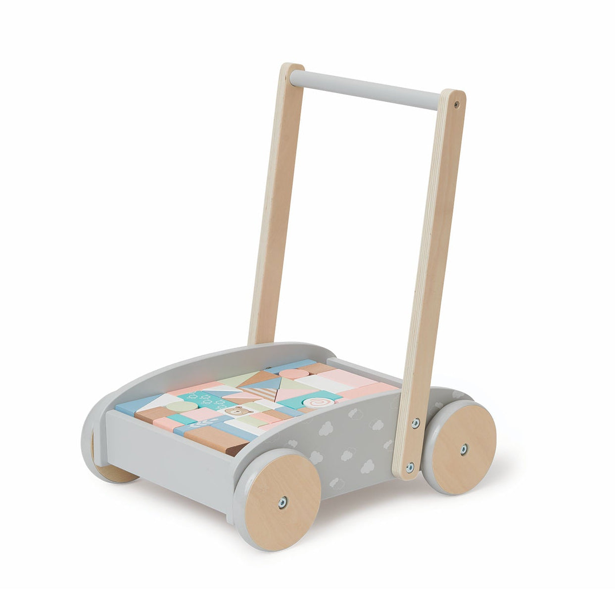 Bubble Wooden Baby Push Cart & Walker with 45 Building Blocks