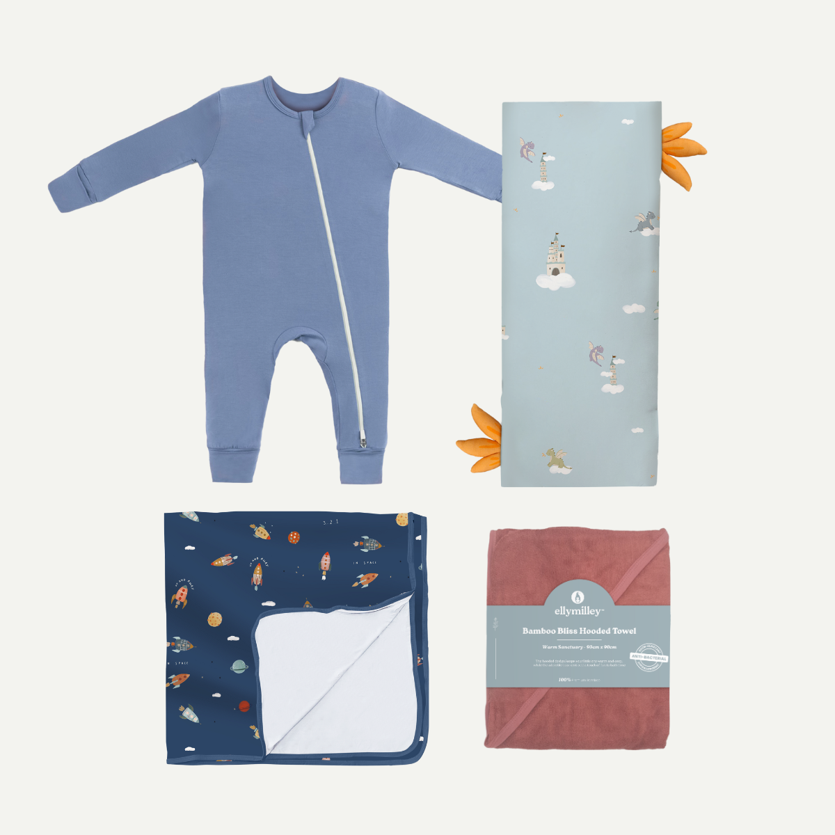 Elly Milley BUNDLE Signature Air Bamboo™ Baby Sleep Suit, Pillow Medium, Blanket, Hooded Towel / Toddler Set