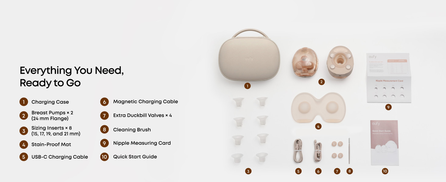 Everything included with the eufy S2 Pro — case, 2 pumps, inserts, mat, cables, valves, brush and guide
