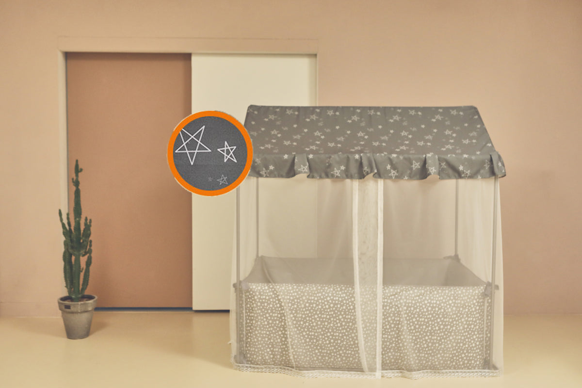 The free gift: LOLBaby Playhouse — a roof and curtains that turn the Bumper Bed into their own little house