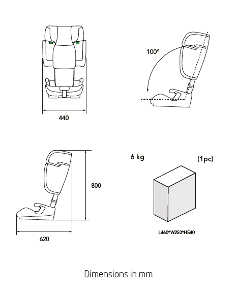 Maxi-Cosi Nomad XL Plus dimensions diagram — 440 mm wide, 800 mm tall, 620 mm deep, 6 kg, headrest reclines to 100 degrees, packed size 460 x 250 x 540 mm