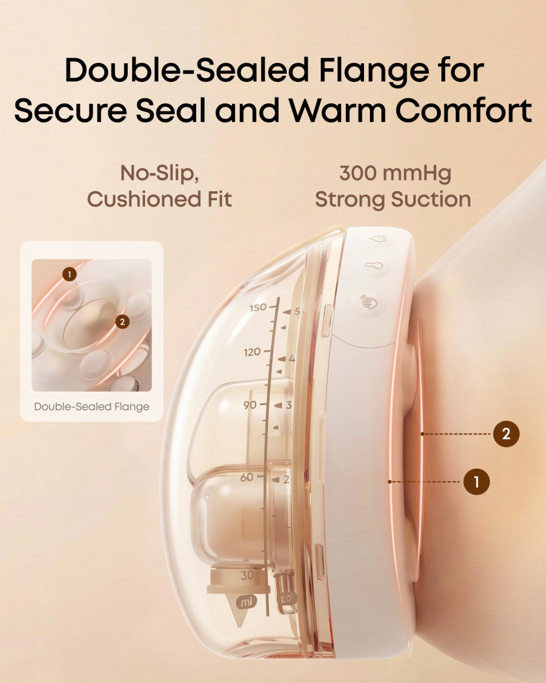 eufy S2 Pro double-sealed silicone flange — no-slip cushioned fit with 300 mmHg suction