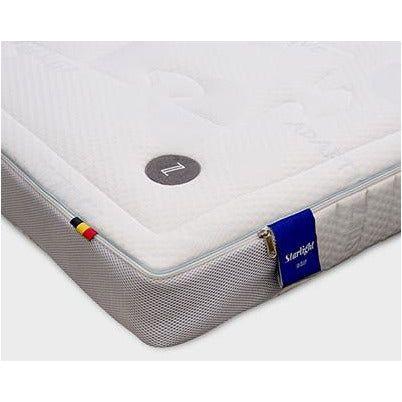 Close-up of the Sofzsleep Starlight corner showing the Coolmax cover zip, Starlight tag and Made in Belgium flag