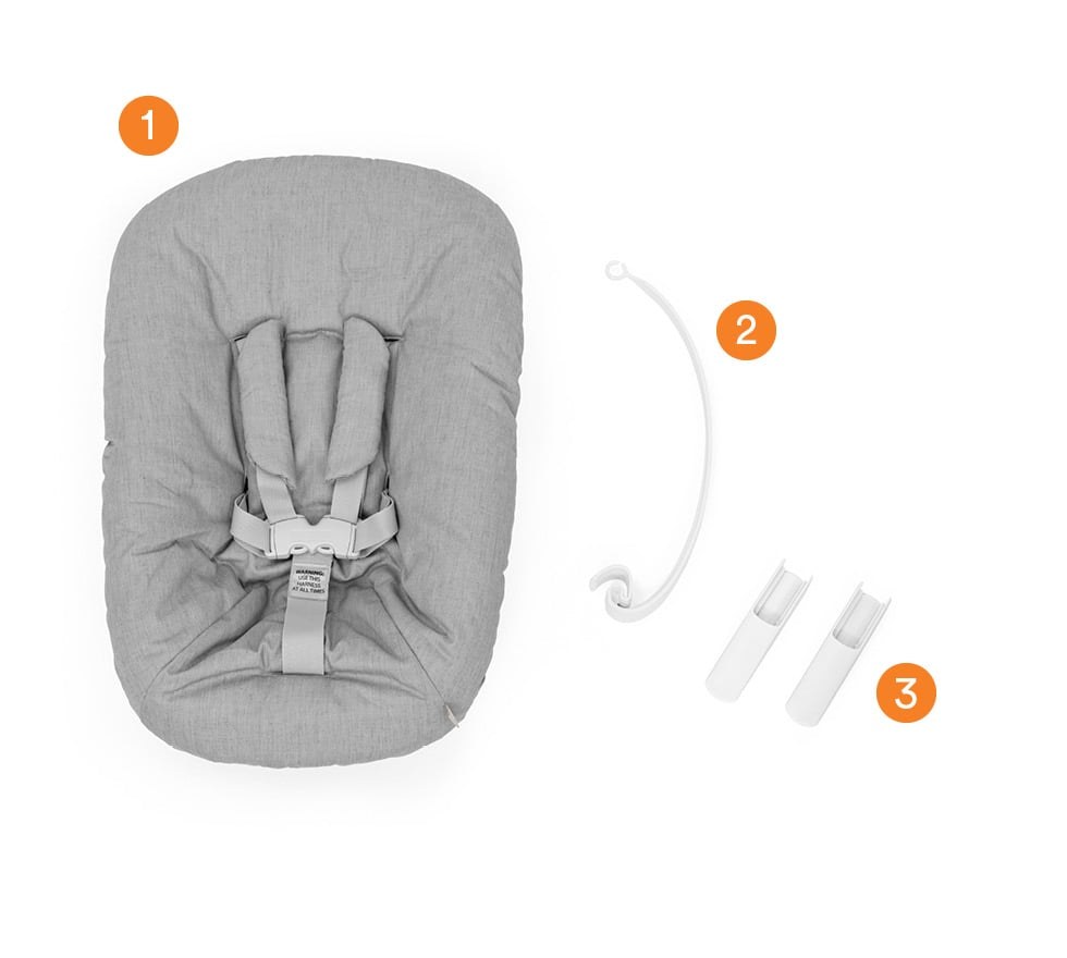 What is in the box: the Newborn Set with harness, the toy hanger and the pair of extended gliders