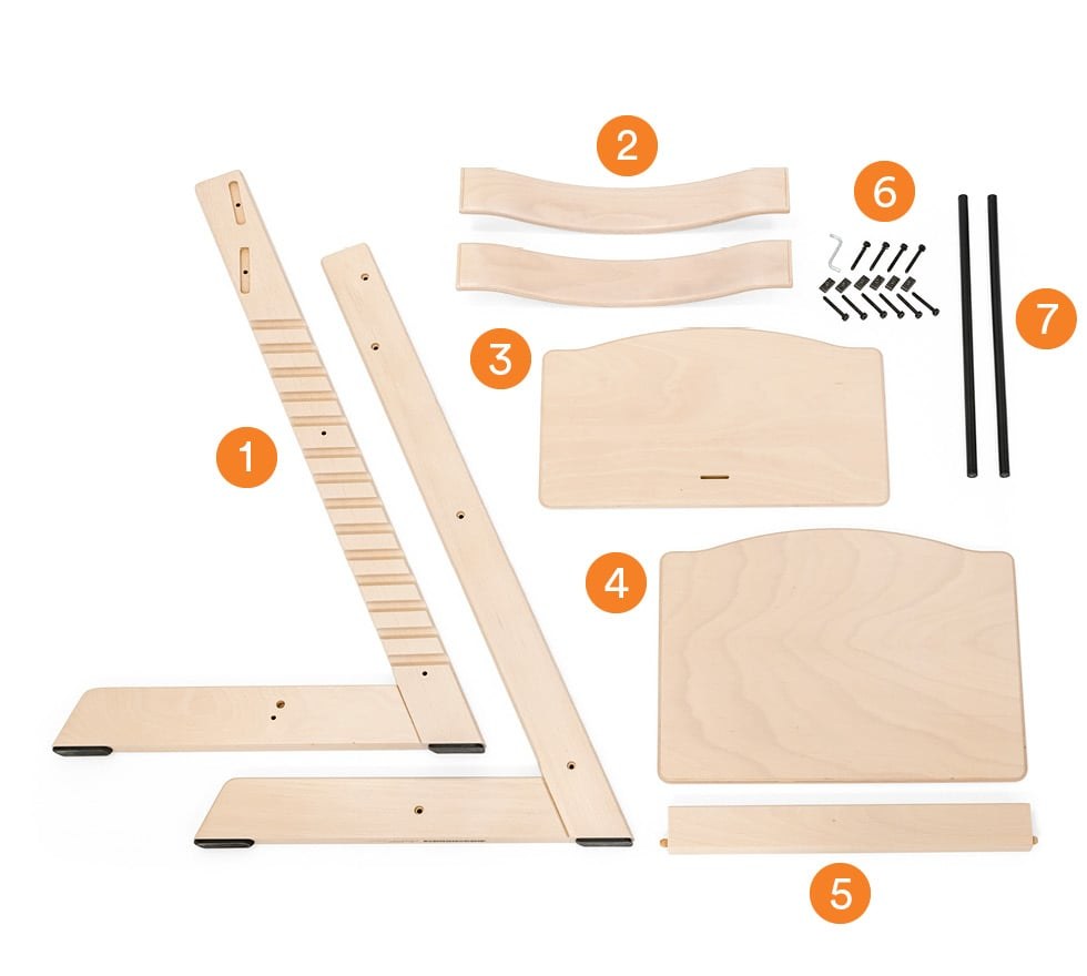 The parts of a flat-packed Tripp Trapp chair laid out with numbers