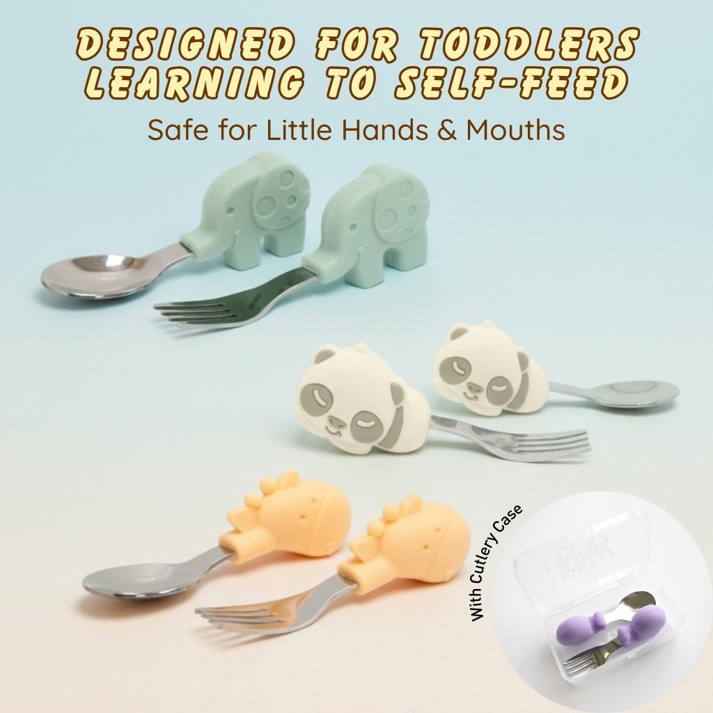 Marcus & Marcus Toddler Self-Feeding Training Spoon & Fork Set with Cutlery Case | BLW Utensils | Palm Grasp Design