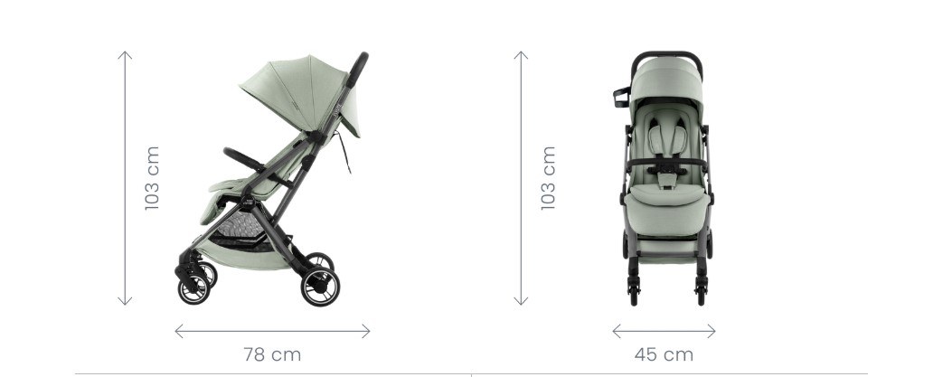 Britax Flylite dimensions — unfolded 103x45x78cm, folded 56x45x25cm