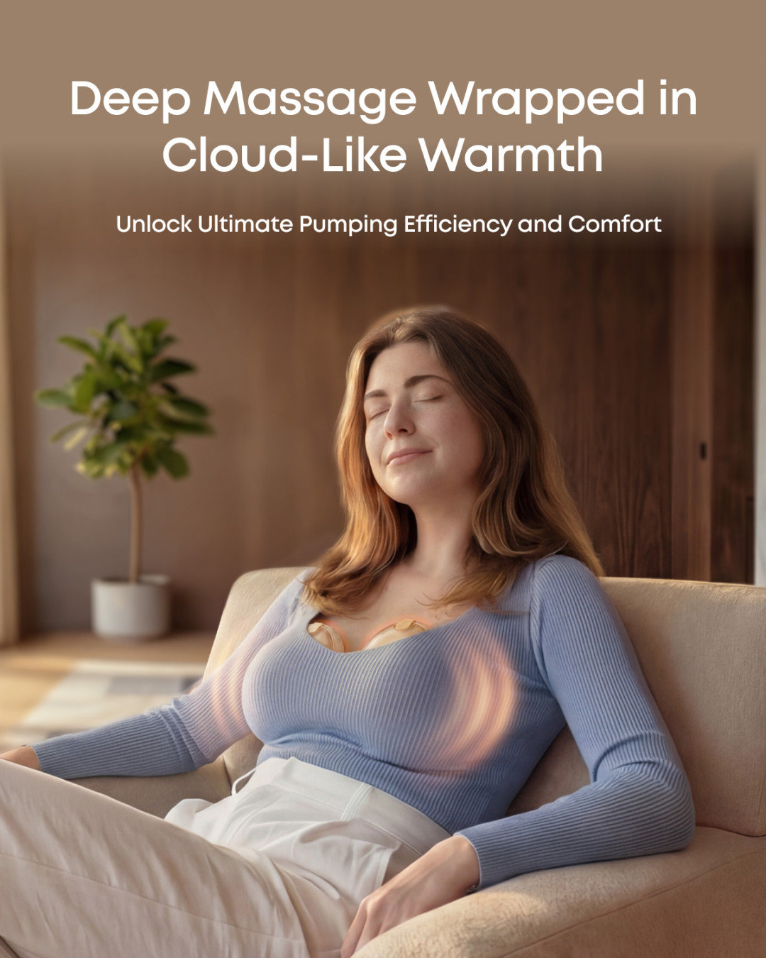 A mother relaxing while pumping with the eufy S2 Pro and its cloud-like warmth